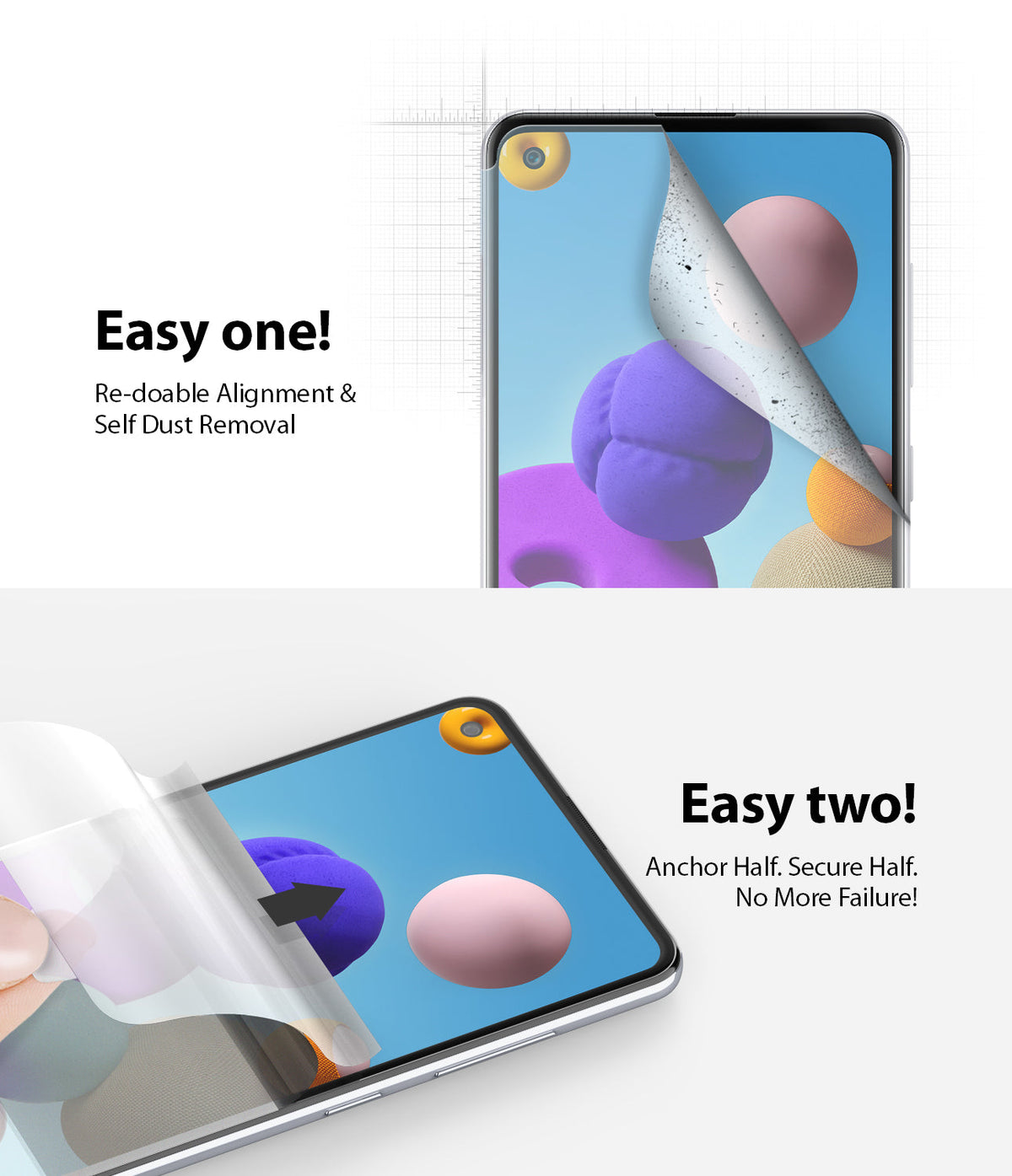 Galaxy A21s Screen Protector | Dual Easy Film - Two-step installation guide showing screen protector alignment.