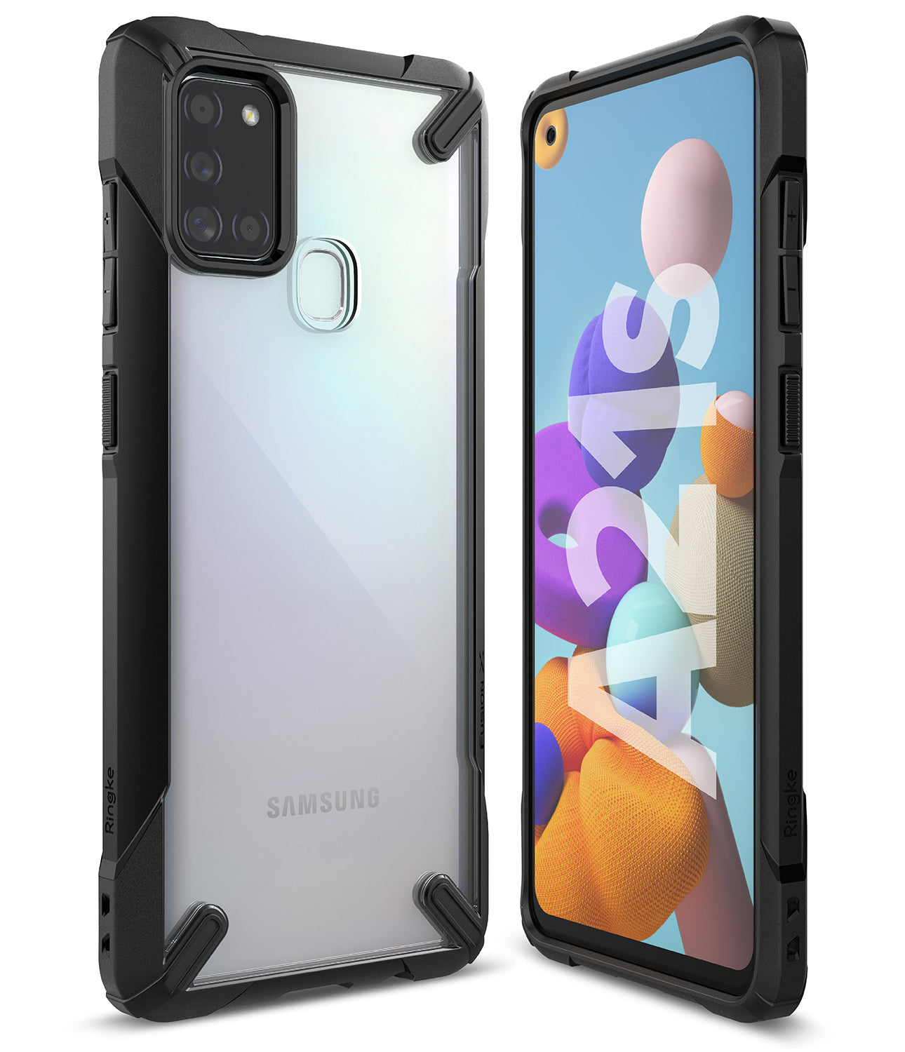 Galaxy A21s Case | Fusion-X - Clear back case with black rugged bumper for Samsung Galaxy A21s, showing front and back.