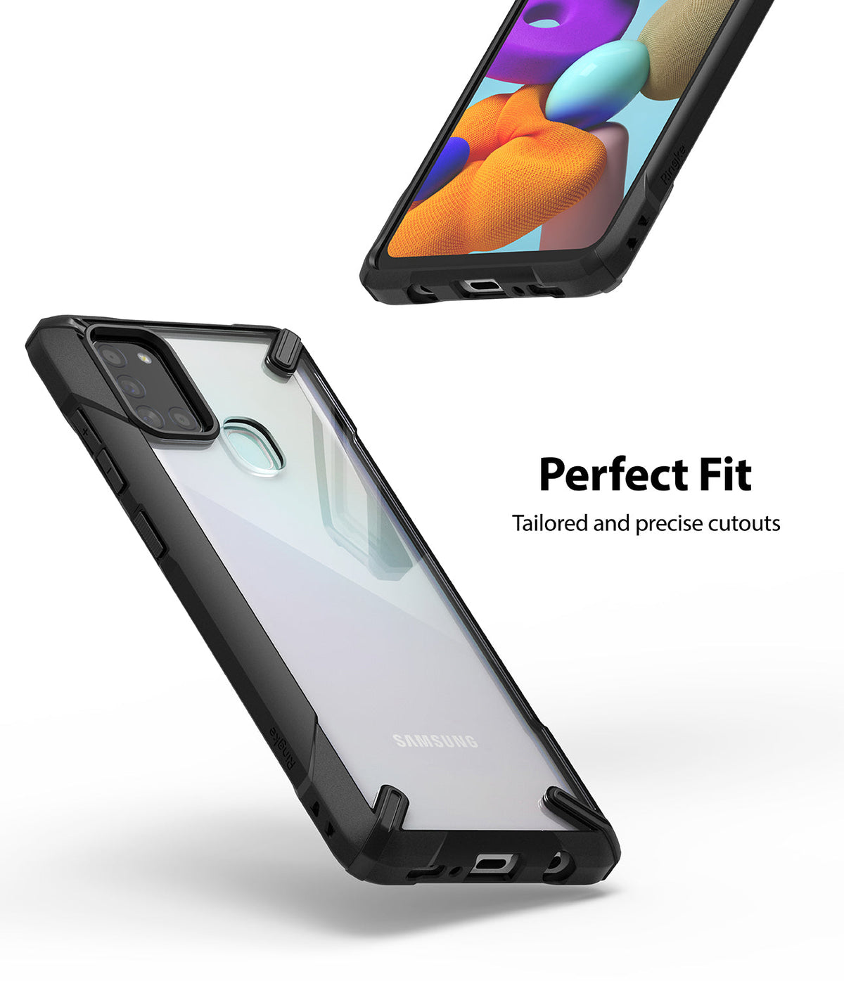 Galaxy A21s Case | Fusion-X - Black Fusion-X case on a Galaxy A21s showing precise cutouts and a clear back panel.