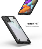 Galaxy A21s Case | Fusion-X - Black Fusion-X case on a Galaxy A21s showing precise cutouts and a clear back panel.
