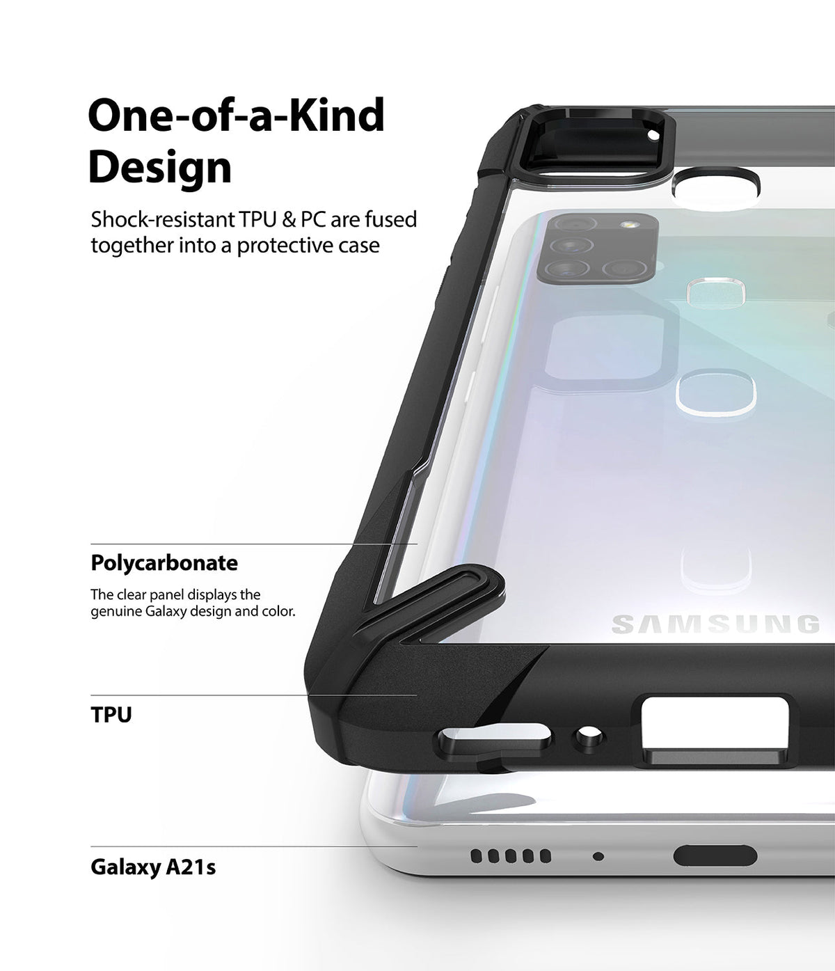 Galaxy A21s Case | Fusion-X - Close-up of a clear phone case with a black shock-resistant bumper on a Galaxy A21s.