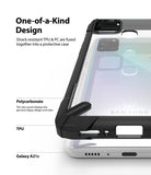 Galaxy A21s Case | Fusion-X - Close-up of a clear phone case with a black shock-resistant bumper on a Galaxy A21s.