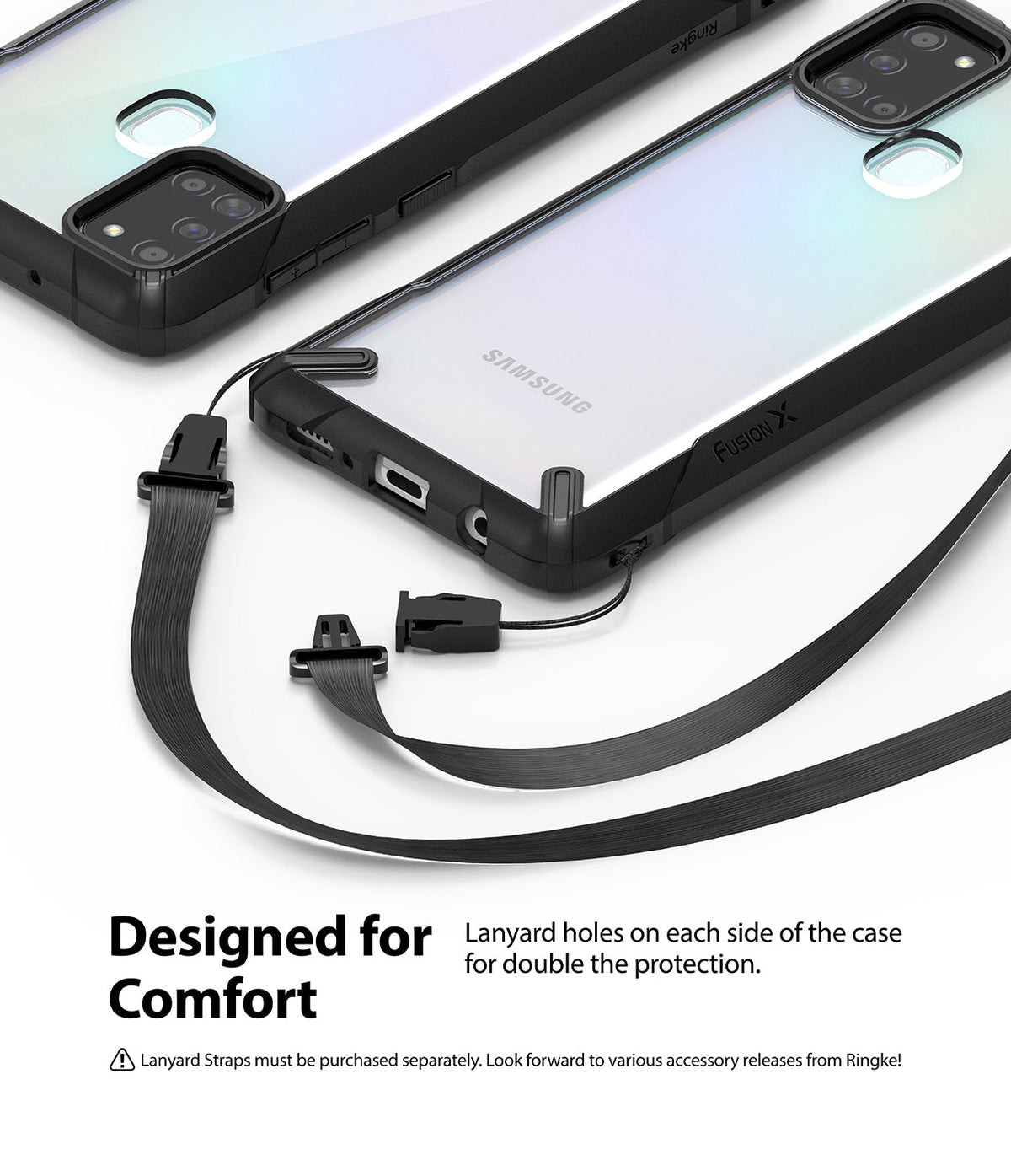Galaxy A21s Case | Fusion-X - Black protective phone case with lanyard attachment points and a detachable strap.