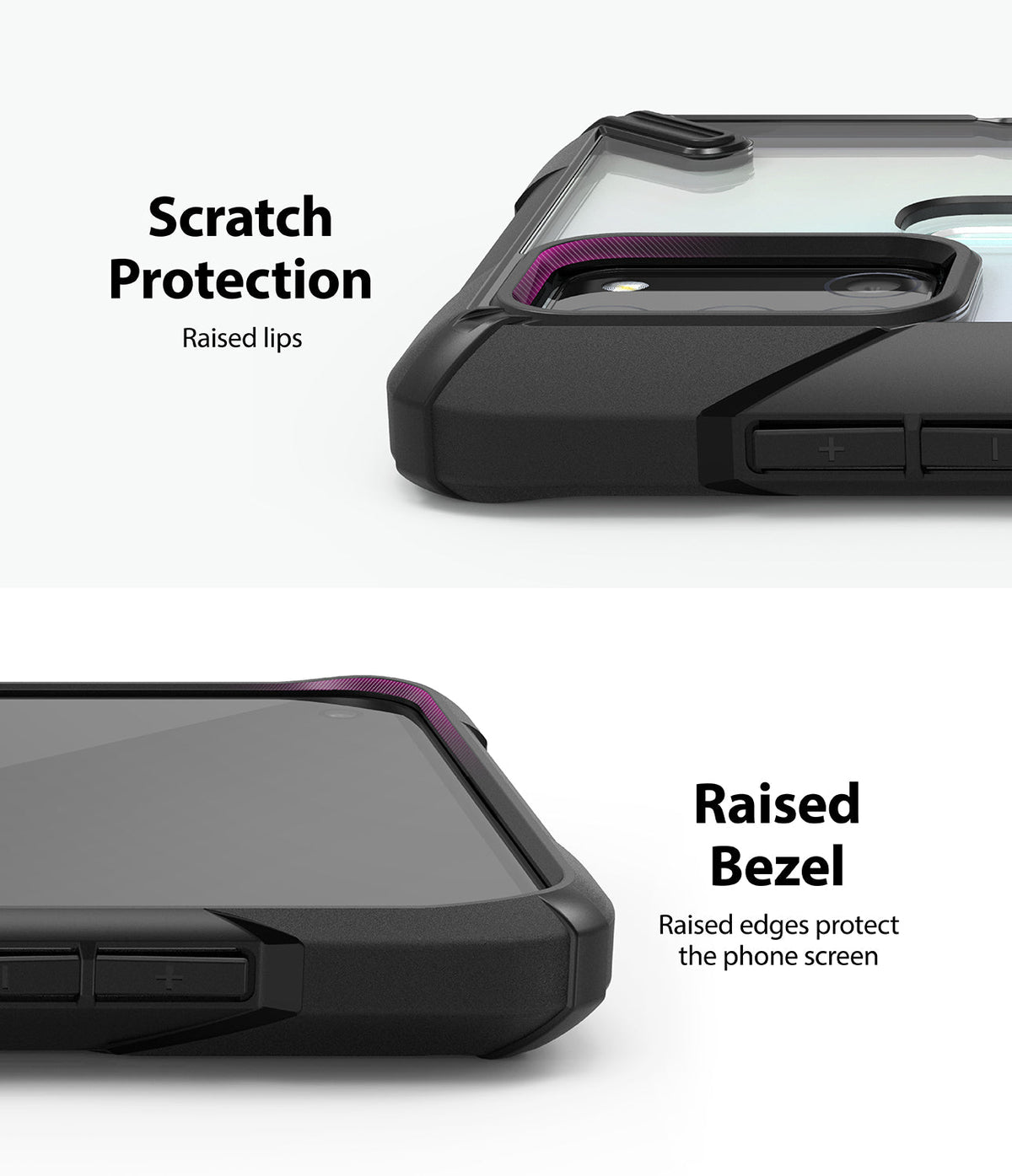 Galaxy A21s Case | Fusion-X - Close-ups showing raised lips around the camera and screen for scratch protection.