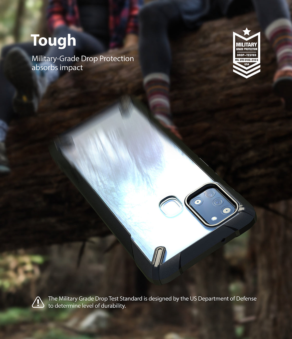 Galaxy A21s Case | Fusion-X - Black protective phone case floating against a blurred outdoor background with military-grade certification.
