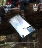 Galaxy A21s Case | Fusion-X - Black protective phone case floating against a blurred outdoor background with military-grade certification.