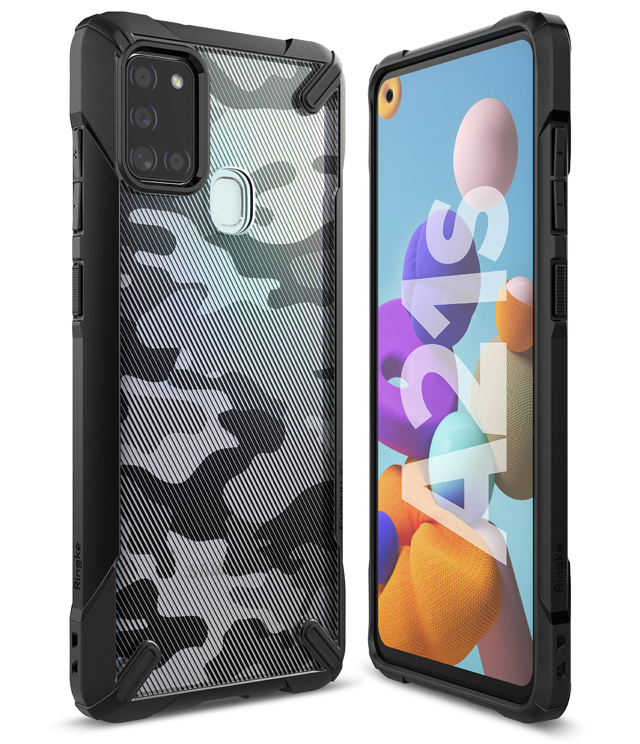 Galaxy A21s Case | Fusion-X - Camouflage pattern phone case with black bumpers shown from front and back angles.