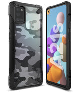 Galaxy A21s Case | Fusion-X - Camouflage pattern phone case with black bumpers shown from front and back angles.