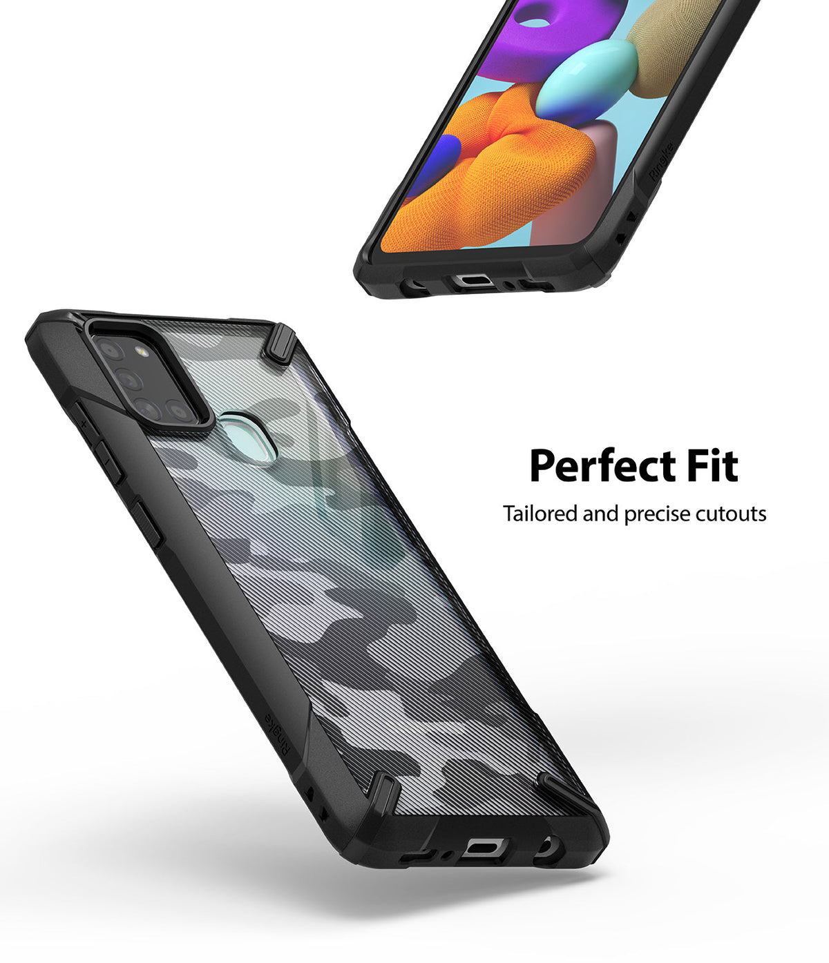 Galaxy A21s Case | Fusion-X - Camouflage phone case with precise cutouts shown from front and back angles.