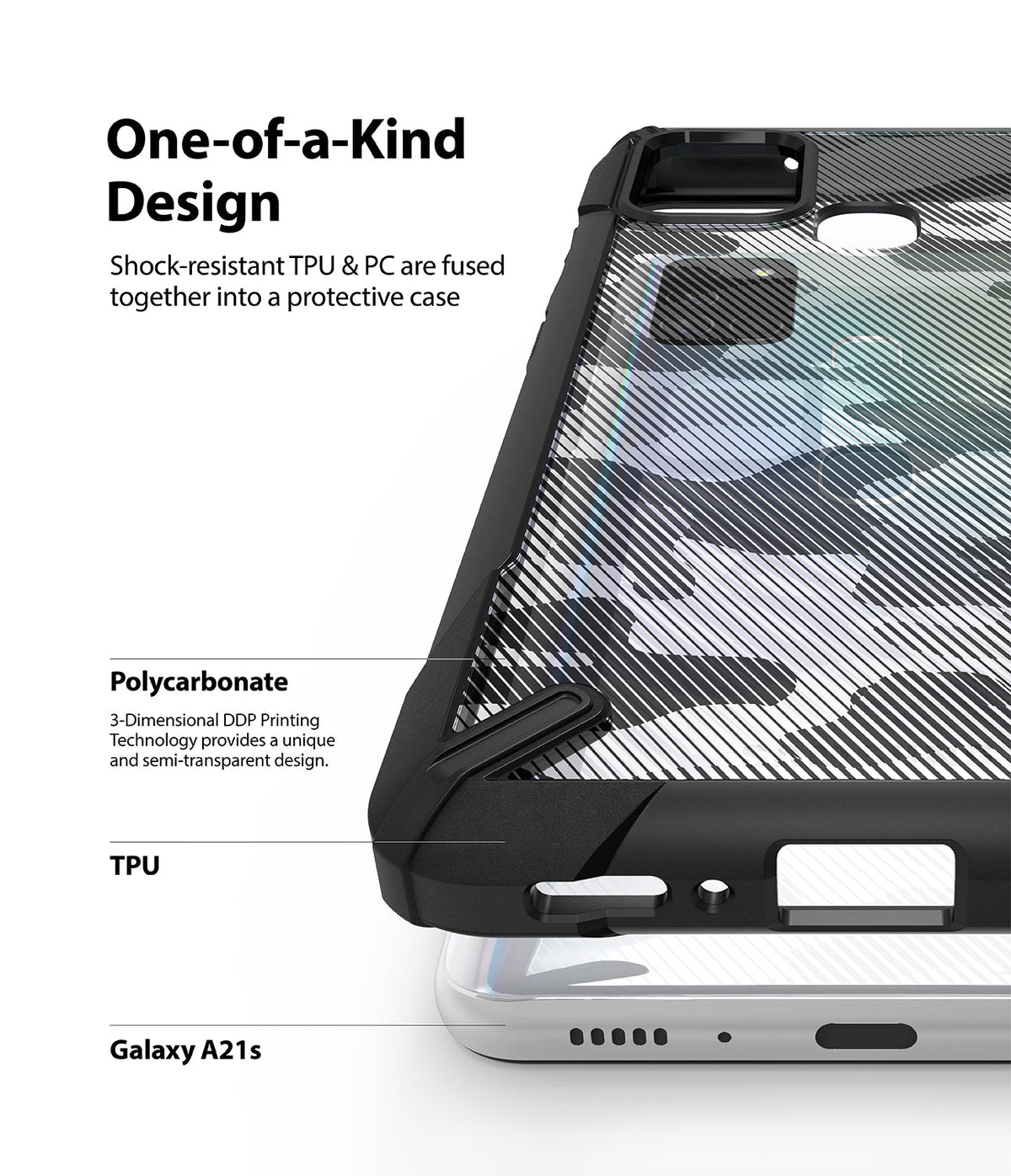 Galaxy A21s Case | Fusion-X - Close-up of a camo-patterned phone case with TPU and polycarbonate layers labeled.