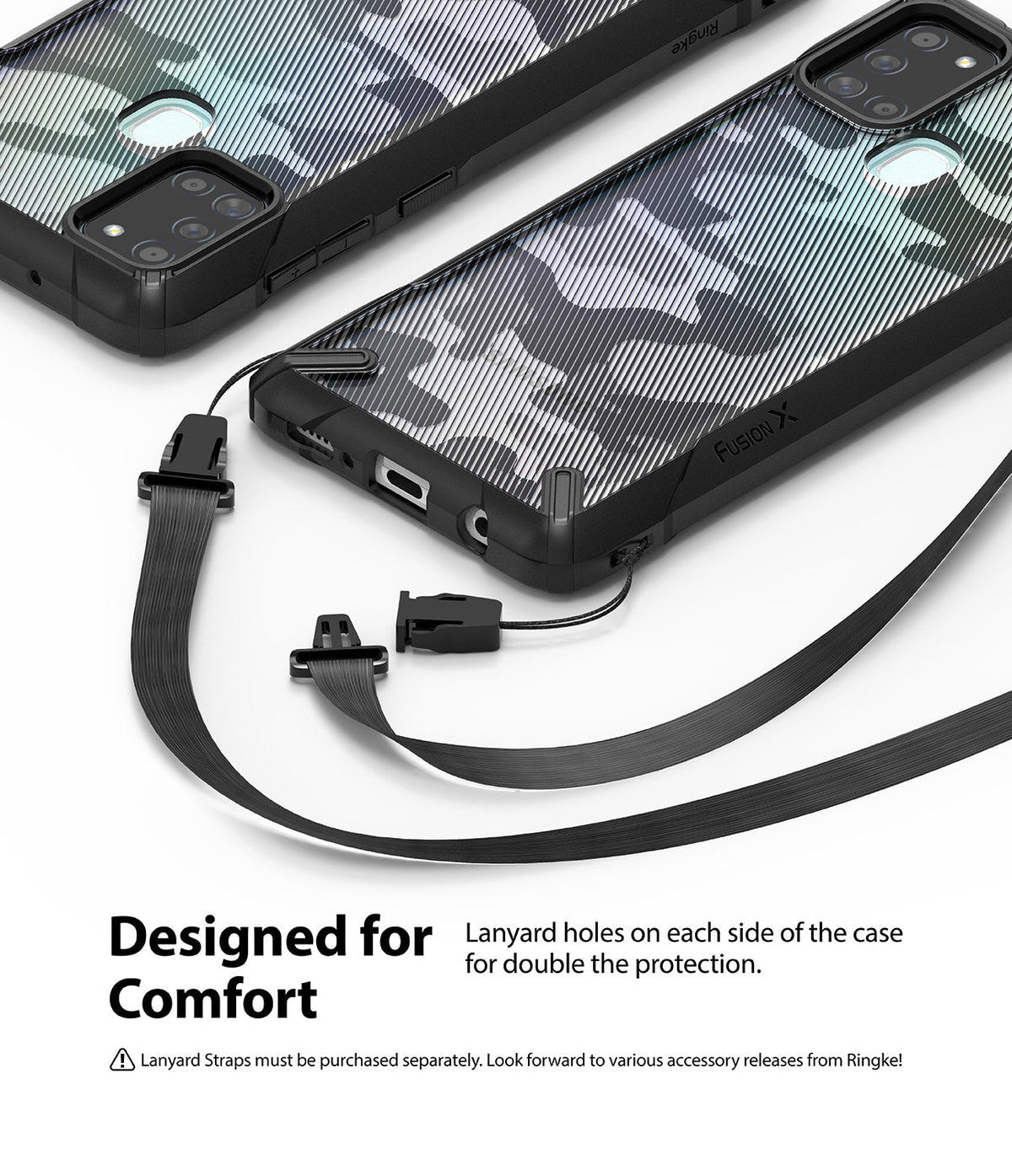 Galaxy A21s Case | Fusion-X - Camouflage phone cases with black bumpers and detachable lanyard straps attached to side holes.