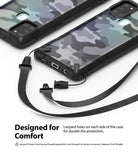 Galaxy A21s Case | Fusion-X - Camouflage phone cases with black bumpers and detachable lanyard straps attached to side holes.