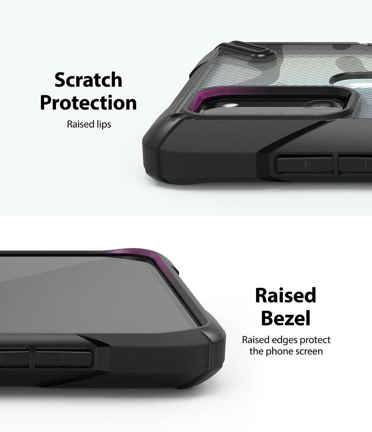 Galaxy A21s Case | Fusion-X - Close-up of phone case showing raised lips for camera and screen protection.