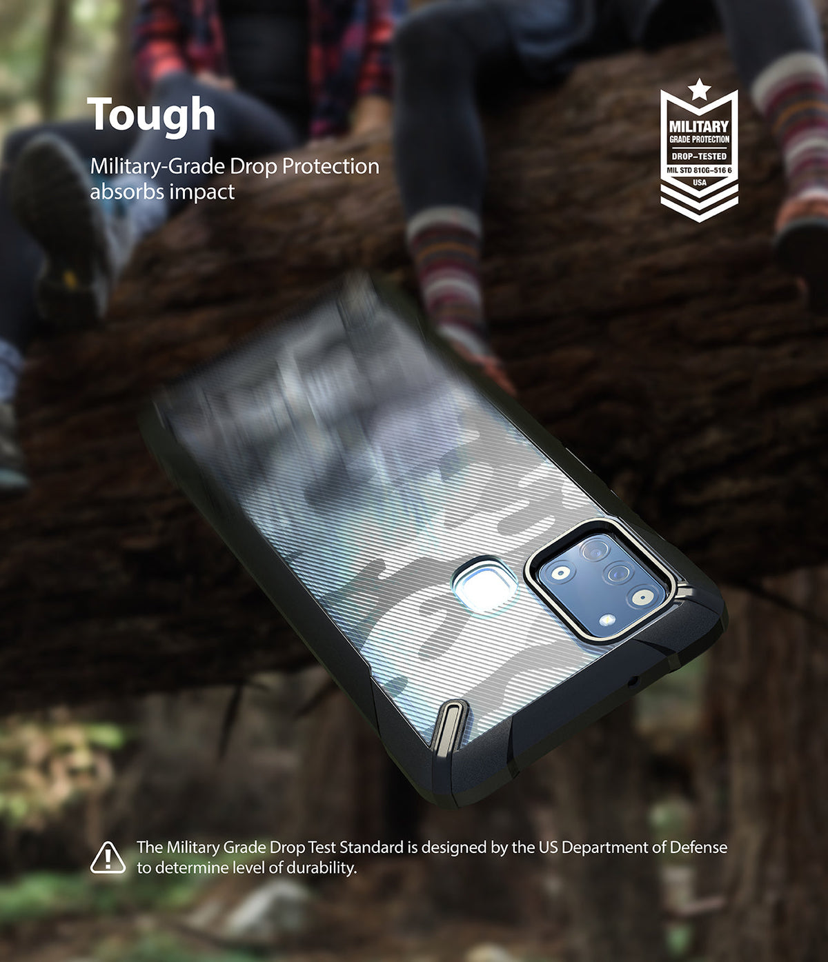 Galaxy A21s Case | Fusion-X - Camo-patterned phone case with military-grade drop protection against a blurred outdoor background.