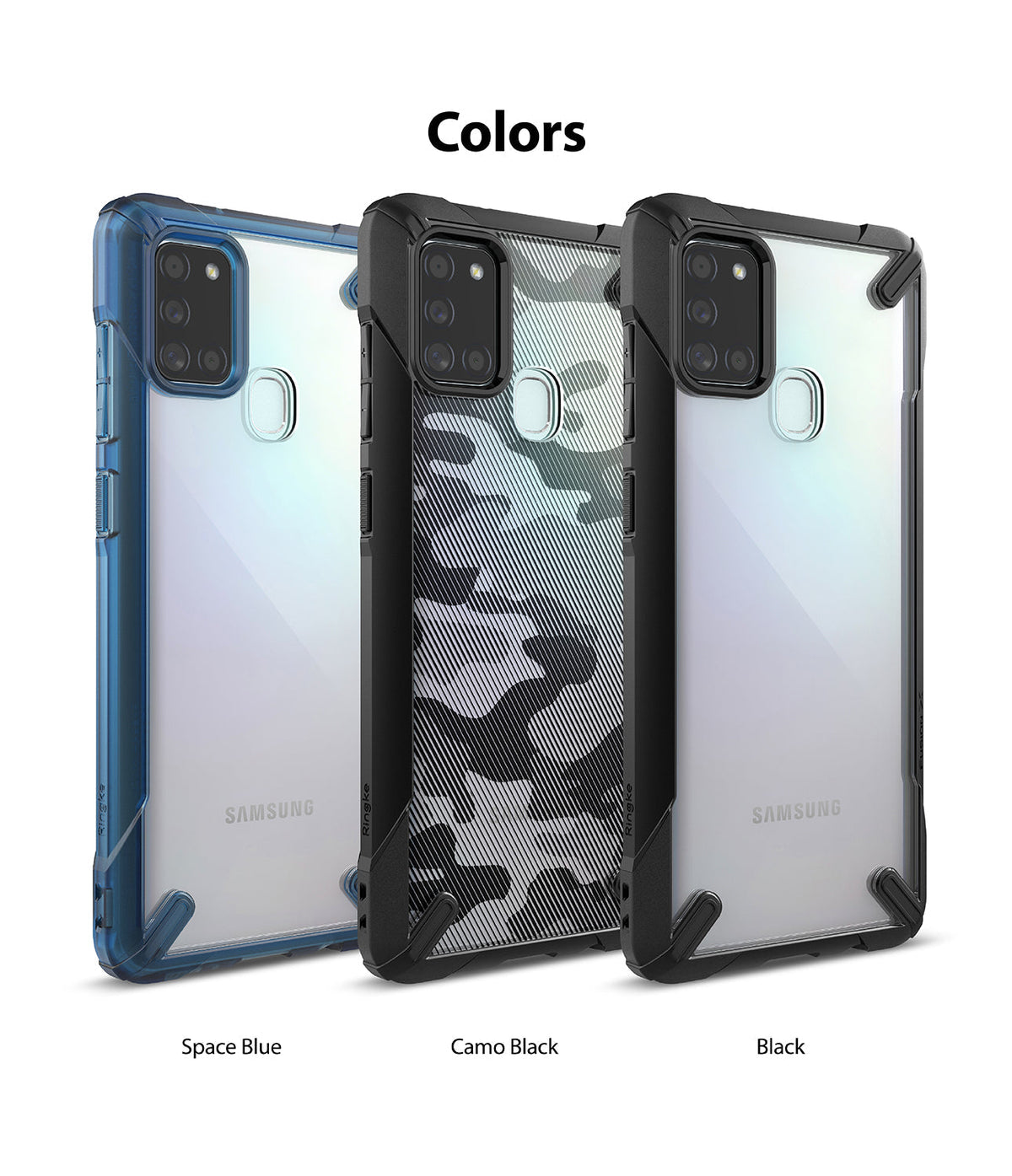 Galaxy A21s Case | Fusion-X - Three Galaxy A21s Fusion-X cases in Space Blue, Camo Black, and Black arranged side-by-side.