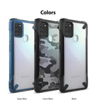 Galaxy A21s Case | Fusion-X - Three Galaxy A21s phone cases in Space Blue, Camo Black, and Black arranged side-by-side.