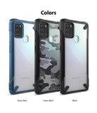 Galaxy A21s Case | Fusion-X - Three Galaxy A21s phone cases in Space Blue, Camo Black, and Black arranged side-by-side.