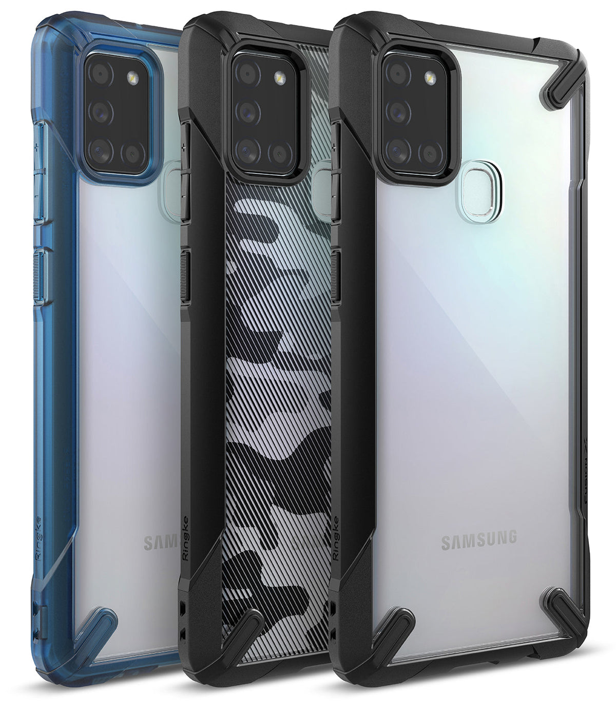 Galaxy A21s Case | Fusion-X - Three Galaxy A21s phones in blue, camo, and black Fusion-X protective cases.