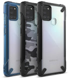 Galaxy A21s Case | Fusion-X - Three Galaxy A21s phones in blue, camo, and black Fusion-X protective cases.