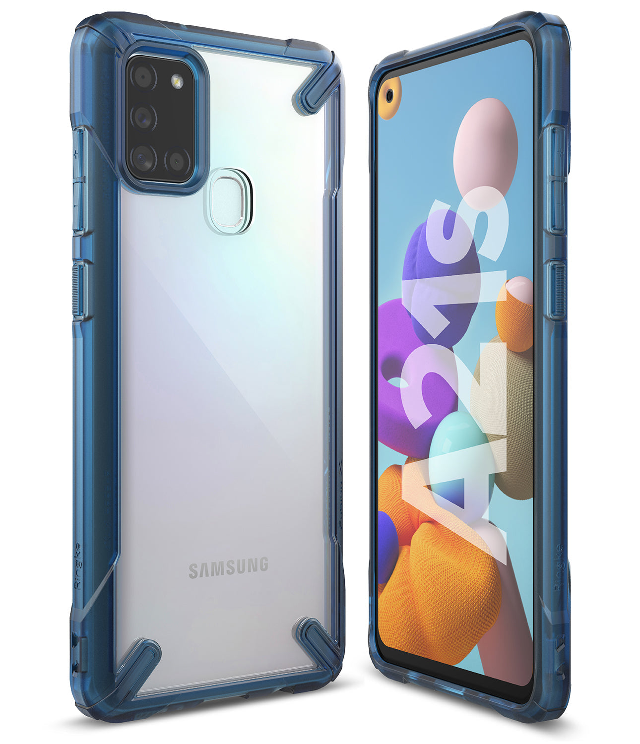 Galaxy A21s Case | Fusion-X - Clear phone case with blue reinforced corners shown from the front and back angles.