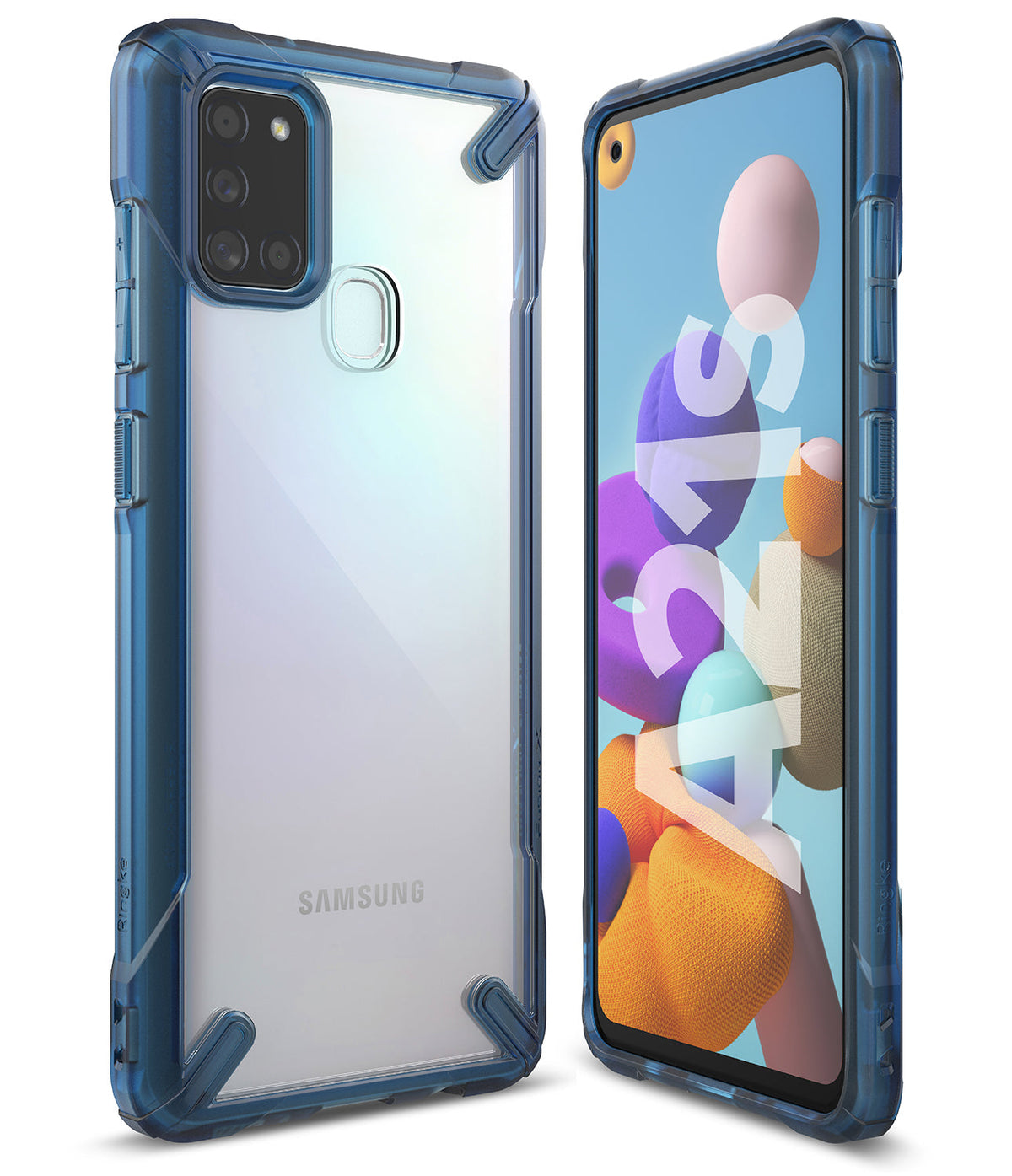 Galaxy A21s Case | Fusion-X - Clear phone case with blue reinforced corners shown from the front and back angles.