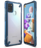 Galaxy A21s Case | Fusion-X - Clear phone case with blue reinforced corners shown from the front and back angles.