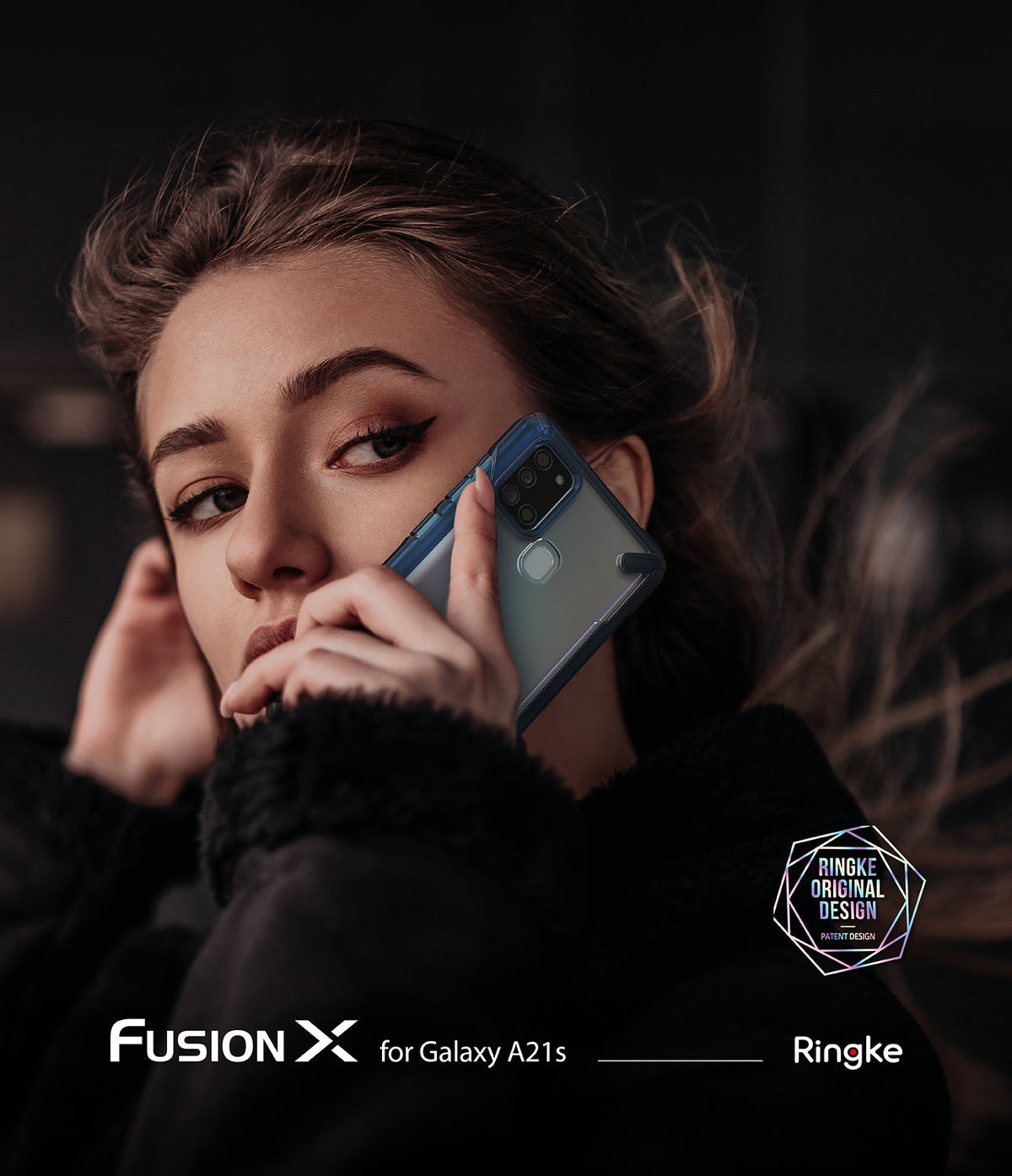 Galaxy A21s Case | Fusion-X - Woman holding a Galaxy A21s in a clear Fusion-X protective case against her ear.