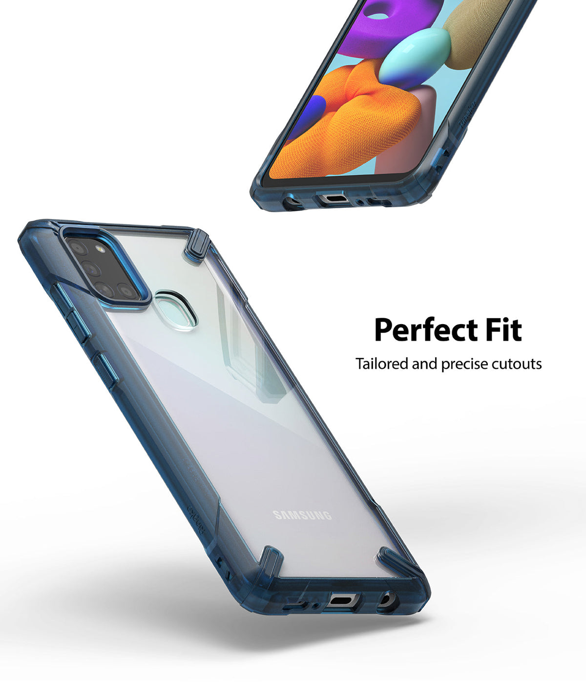 Galaxy A21s Case | Fusion-X - Clear phone case with blue bumper showing precise cutouts for camera, ports, and buttons.