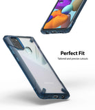 Galaxy A21s Case | Fusion-X - Clear phone case with blue bumper showing precise cutouts for camera, ports, and buttons.