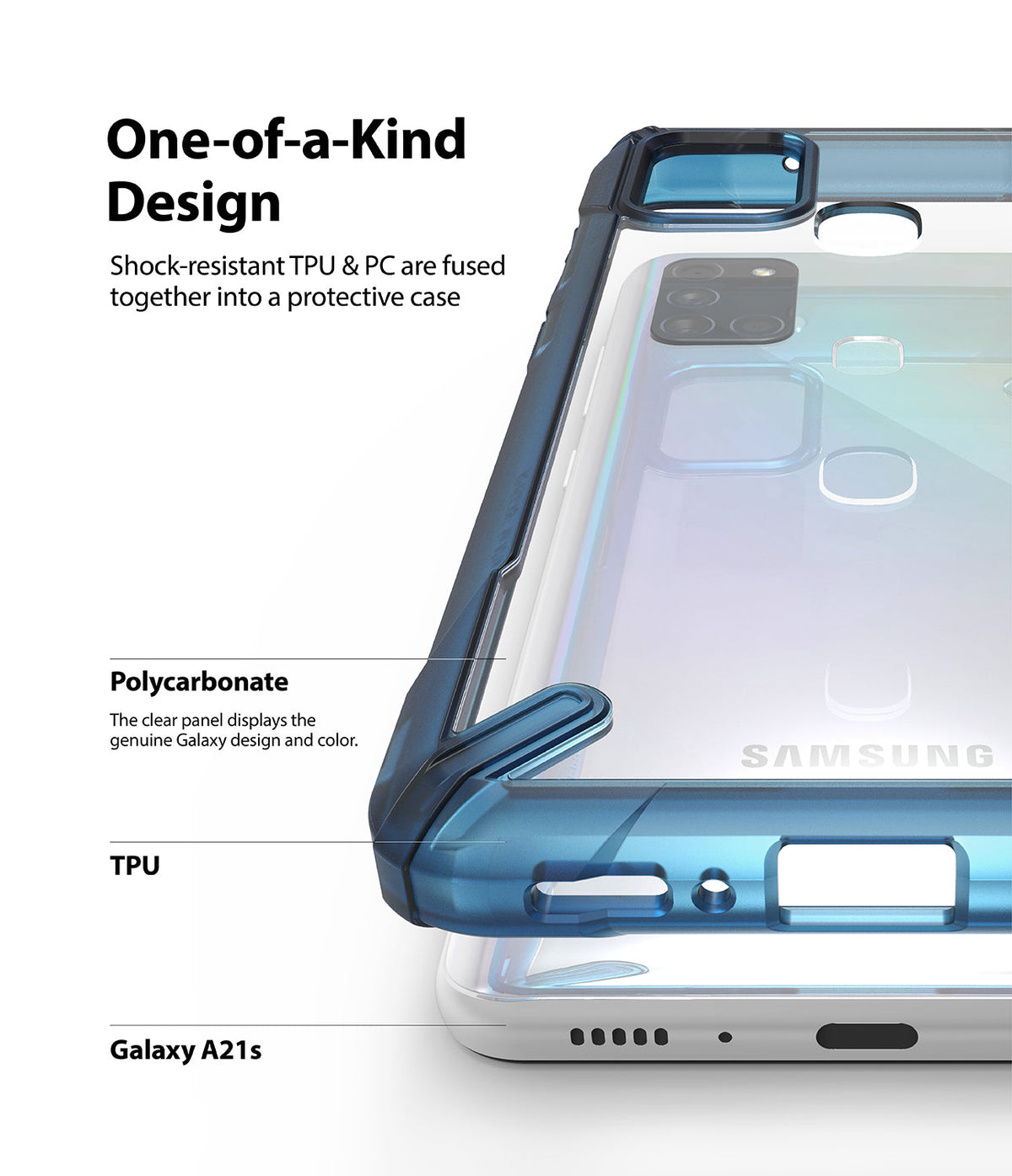 Galaxy A21s Case | Fusion-X - Close-up of a blue, shock-resistant phone case on a Galaxy A21s with labels highlighting TPU and polycarbonate.