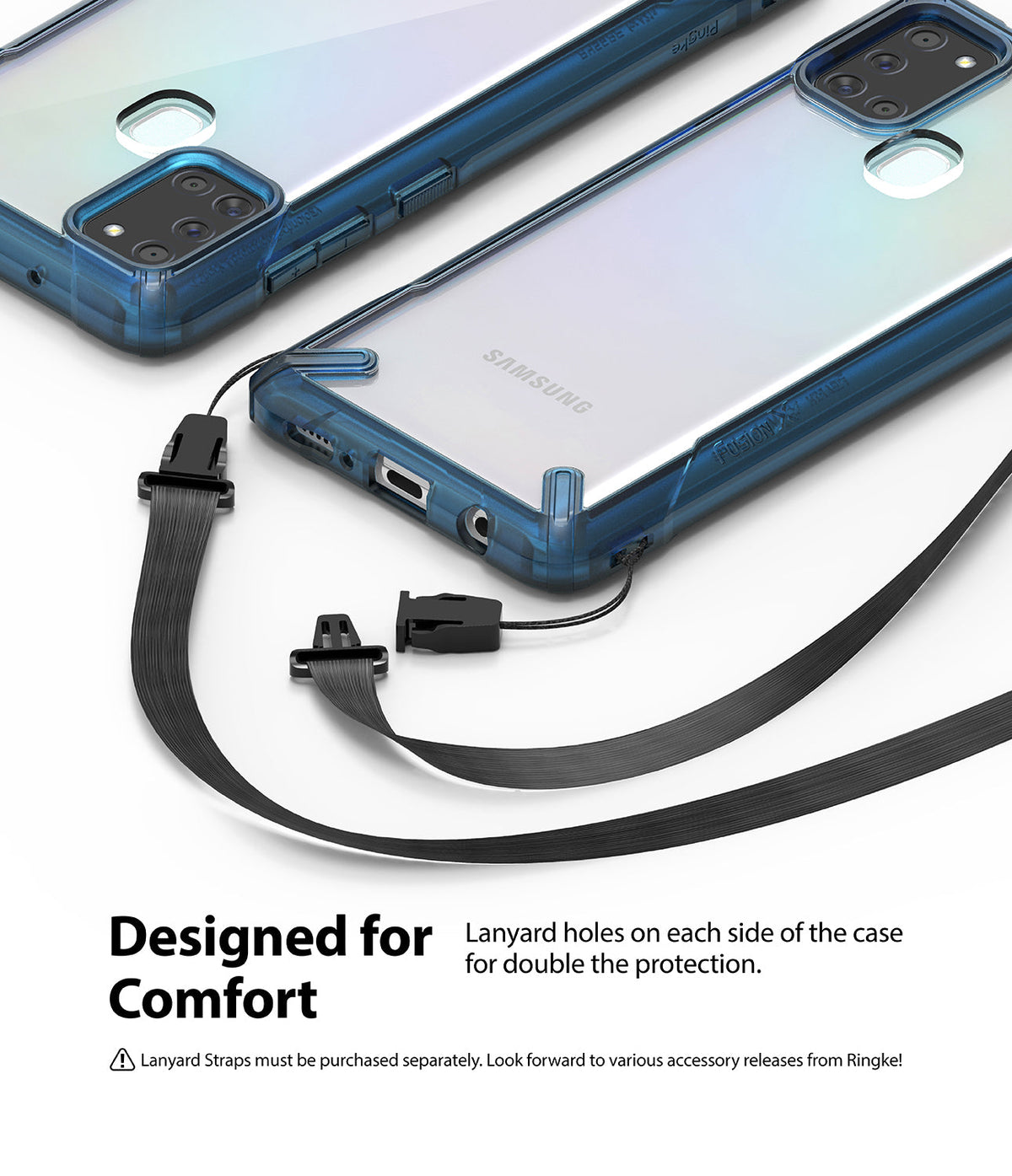 Galaxy A21s Case | Fusion-X - Clear phone case with blue bumper and detachable black lanyard strap attached to side holes.