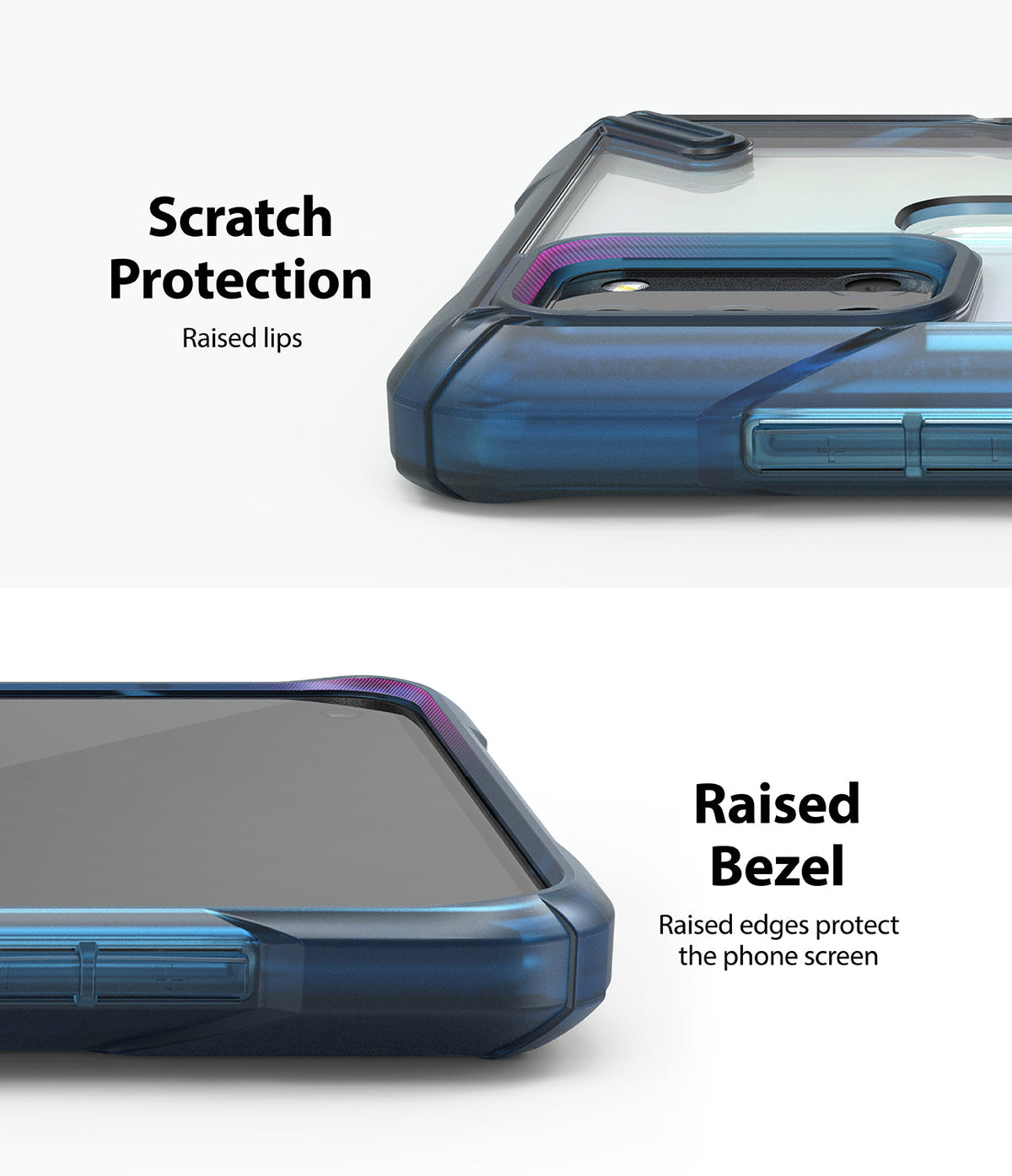 Galaxy A21s Case | Fusion-X - Close-up of blue phone case showing raised lips for camera and screen scratch protection.