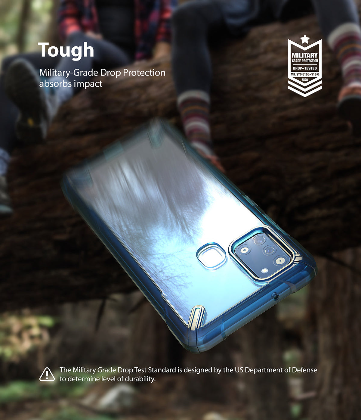 Galaxy A21s Case | Fusion-X - Clear phone case with reinforced corners and military-grade drop protection in a forest setting.