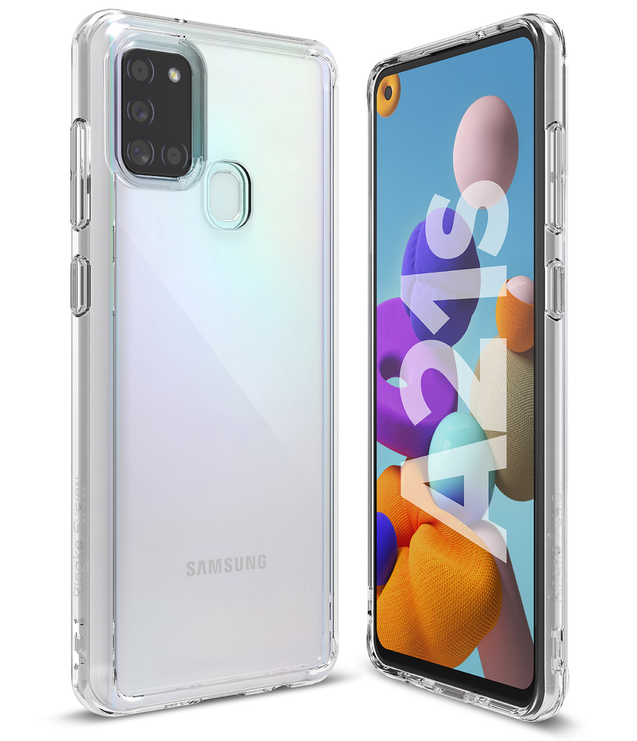 Galaxy A21s Case | Fusion - Clear protective phone case shown from front and back angles on a Samsung Galaxy A21s.