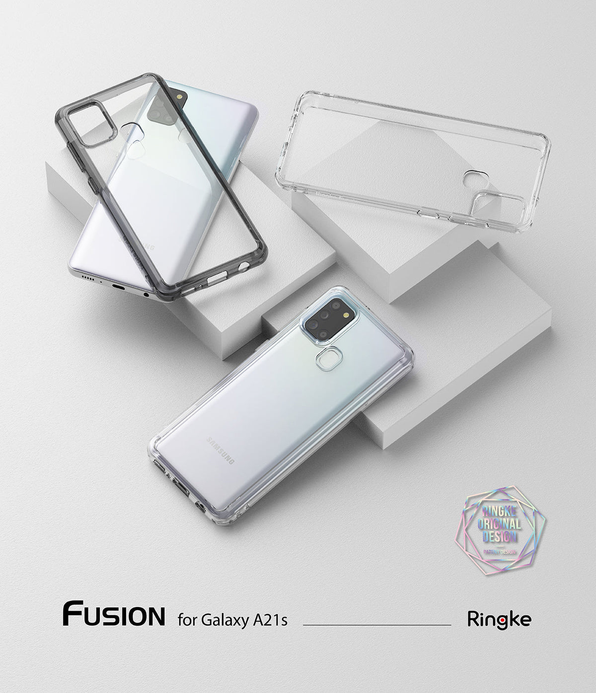 Galaxy A21s Case | Fusion - Clear phone cases displayed on white geometric blocks with a Samsung Galaxy A21s phone.