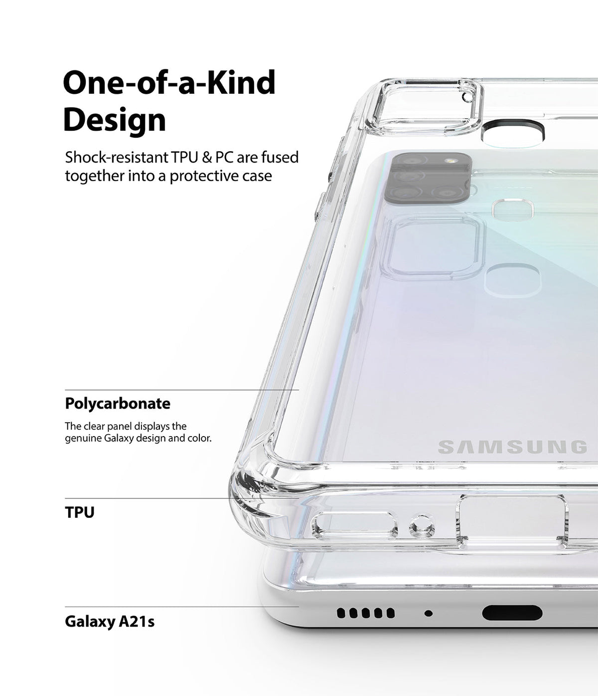 Galaxy A21s Case | Fusion - Close-up of a clear phone case on a Galaxy A21s, highlighting TPU and polycarbonate materials.