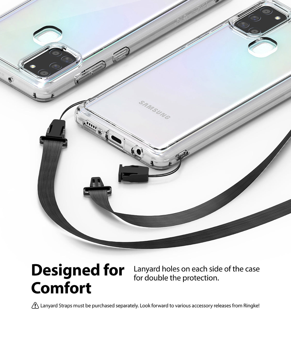 Galaxy A21s Case | Fusion - Clear phone case with dual lanyard attachment points and detachable black straps.