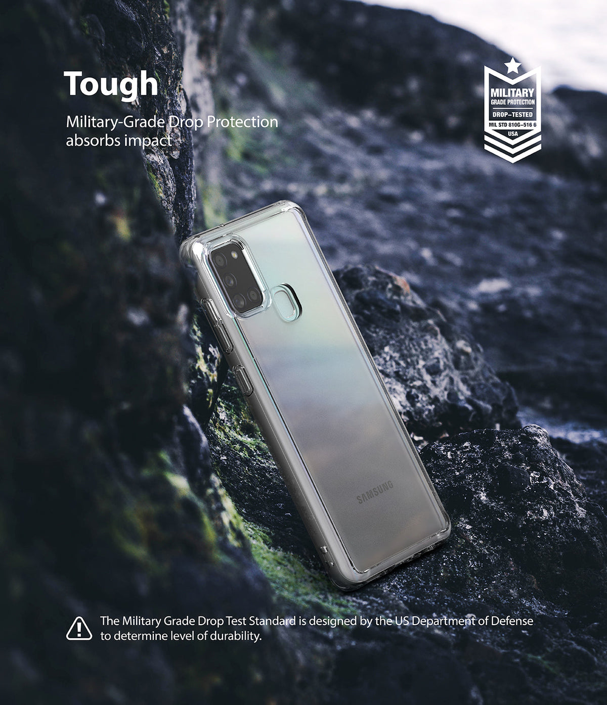 Galaxy A21s Case | Fusion - Clear phone case on rocky terrain with military-grade drop protection text and badge.