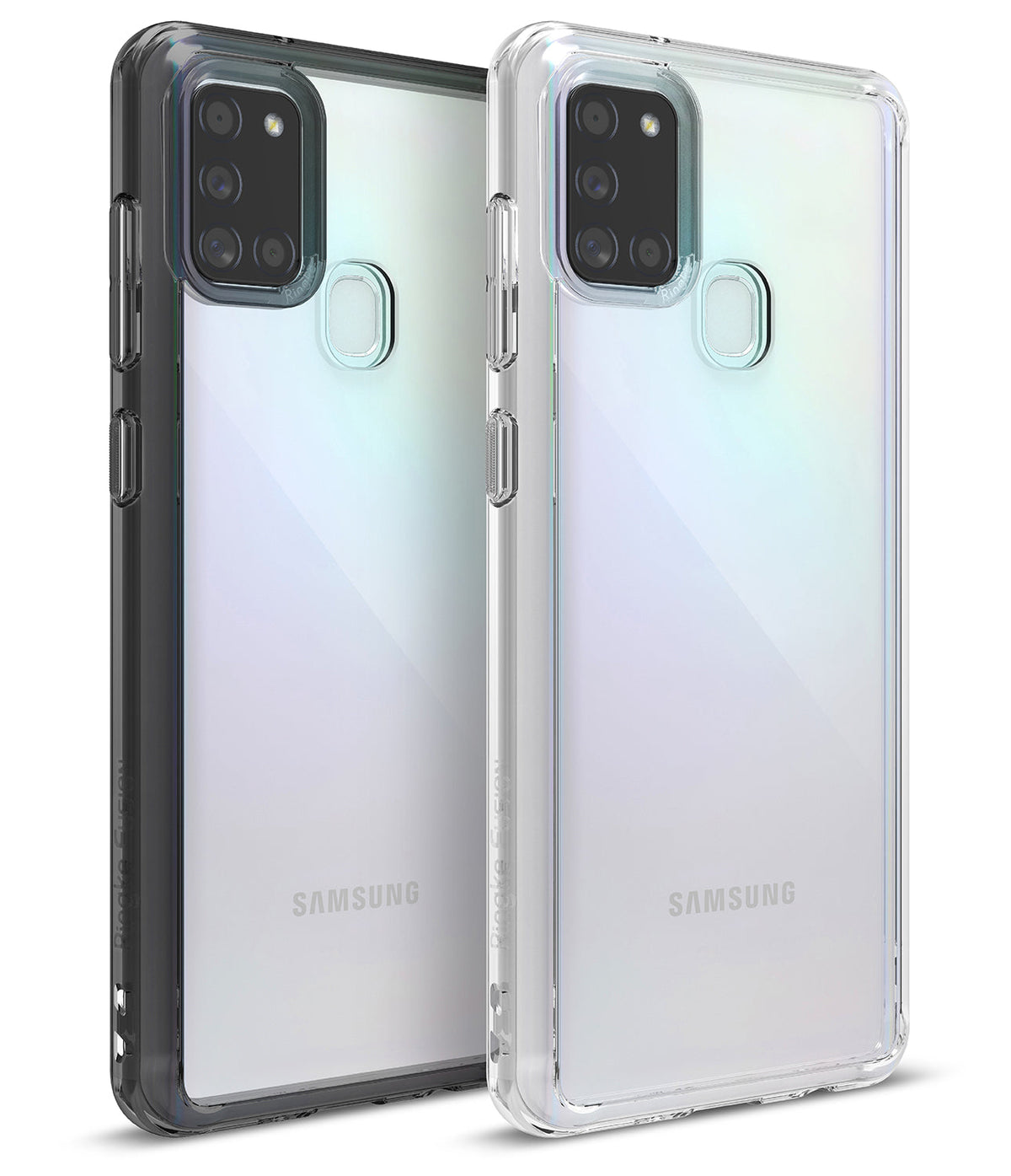 Galaxy A21s Case | Fusion - Two Samsung Galaxy A21s phones in black and clear protective cases against a white background.