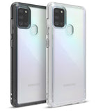 Galaxy A21s Case | Fusion - Two Samsung Galaxy A21s phones in black and clear protective cases against a white background.