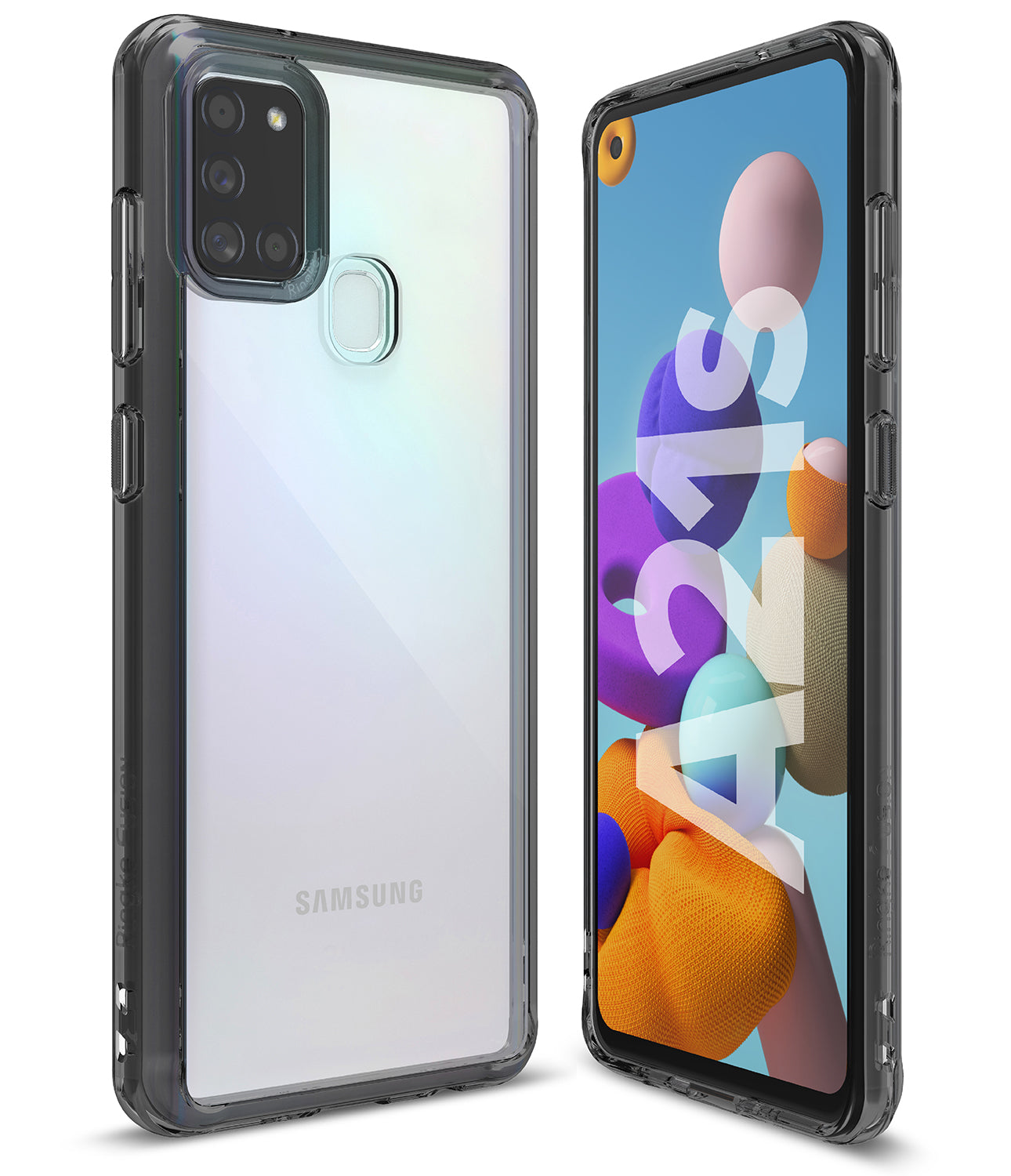 Galaxy A21s Case | Fusion - Clear protective phone case shown from front and back angles on a Samsung Galaxy A21s.