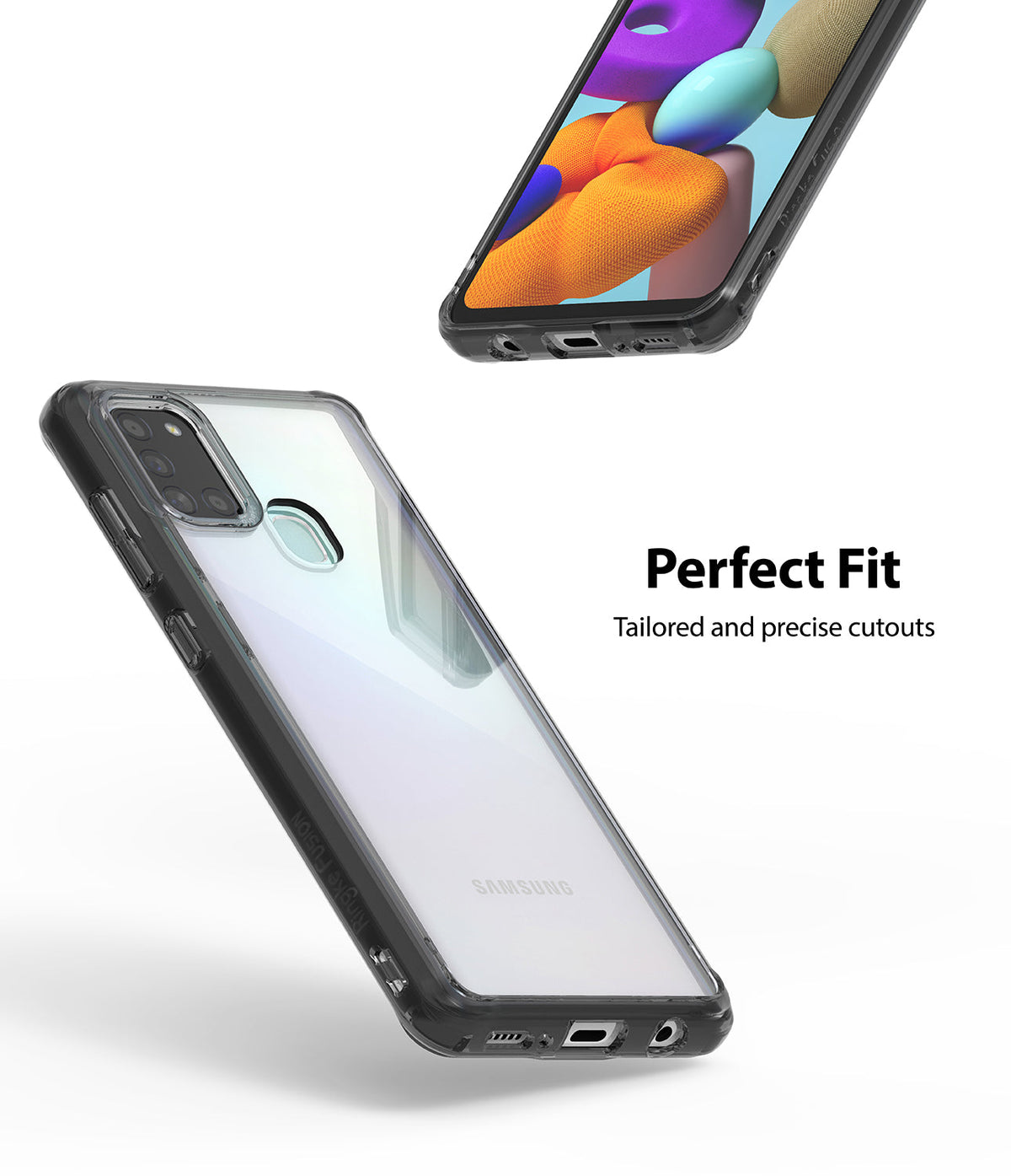 Galaxy A21s Case | Fusion - Clear protective phone case on a Samsung Galaxy A21s showing precise port and camera cutouts.