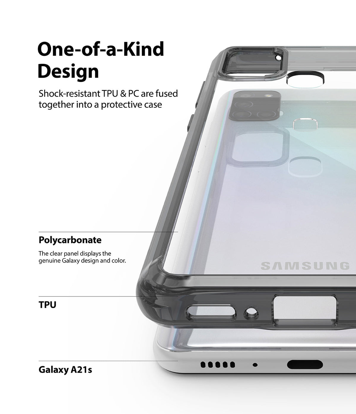 Galaxy A21s Case | Fusion - Close-up of a clear protective phone case highlighting TPU and polycarbonate materials.