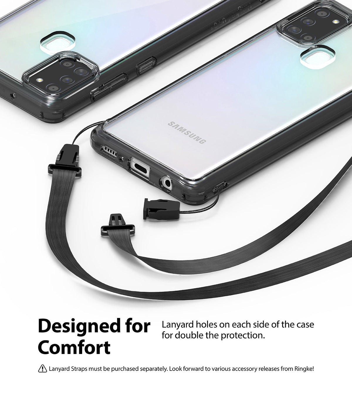 Galaxy A21s Case | Fusion - Clear Samsung Galaxy A21s case with dual lanyard attachment points and a detachable black strap.