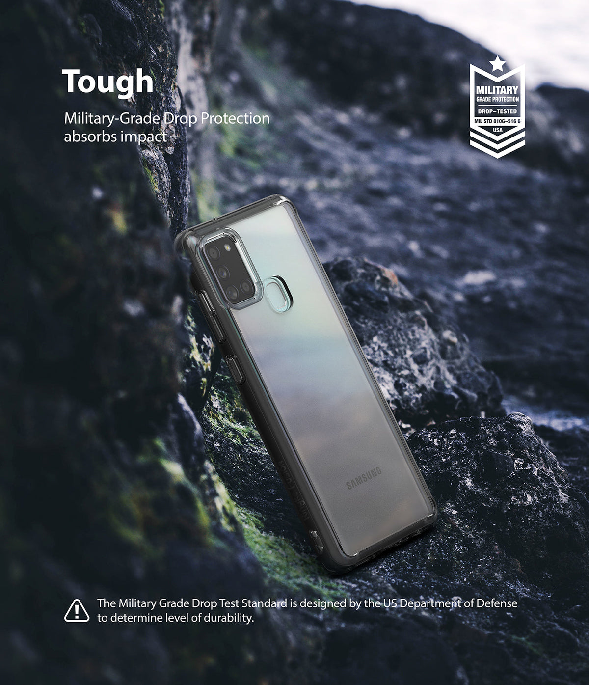 Galaxy A21s Case | Fusion - Clear phone case on a rocky surface with military-grade drop protection text overlay.