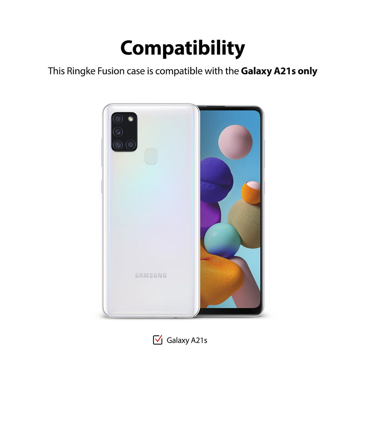 Galaxy A21s Case | Fusion - A white Samsung Galaxy A21s phone shown from the back and front to confirm case compatibility.