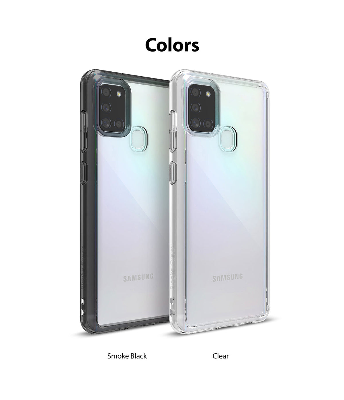 Galaxy A21s Case | Fusion - Two Galaxy A21s phone cases in Smoke Black and Clear standing side-by-side.