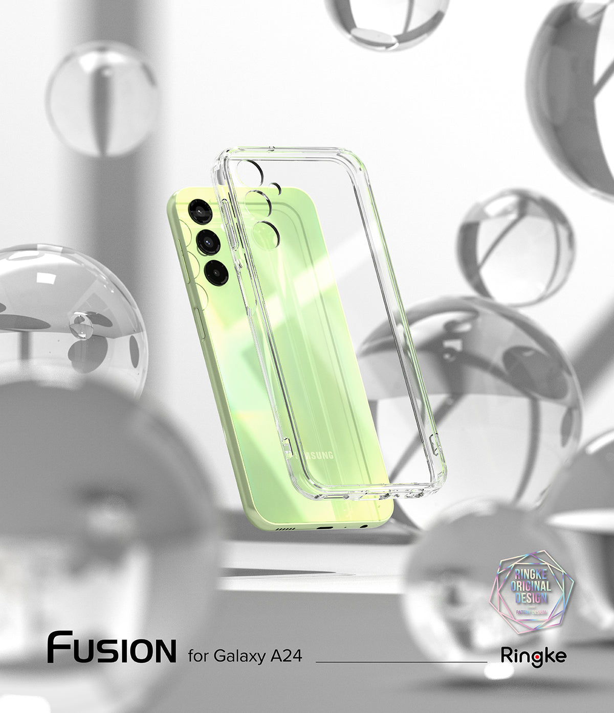 Galaxy A24 4G(LTE) Case | Fusion - Clear - Light green Galaxy A24 phone floating behind a clear protective case amidst glass spheres.