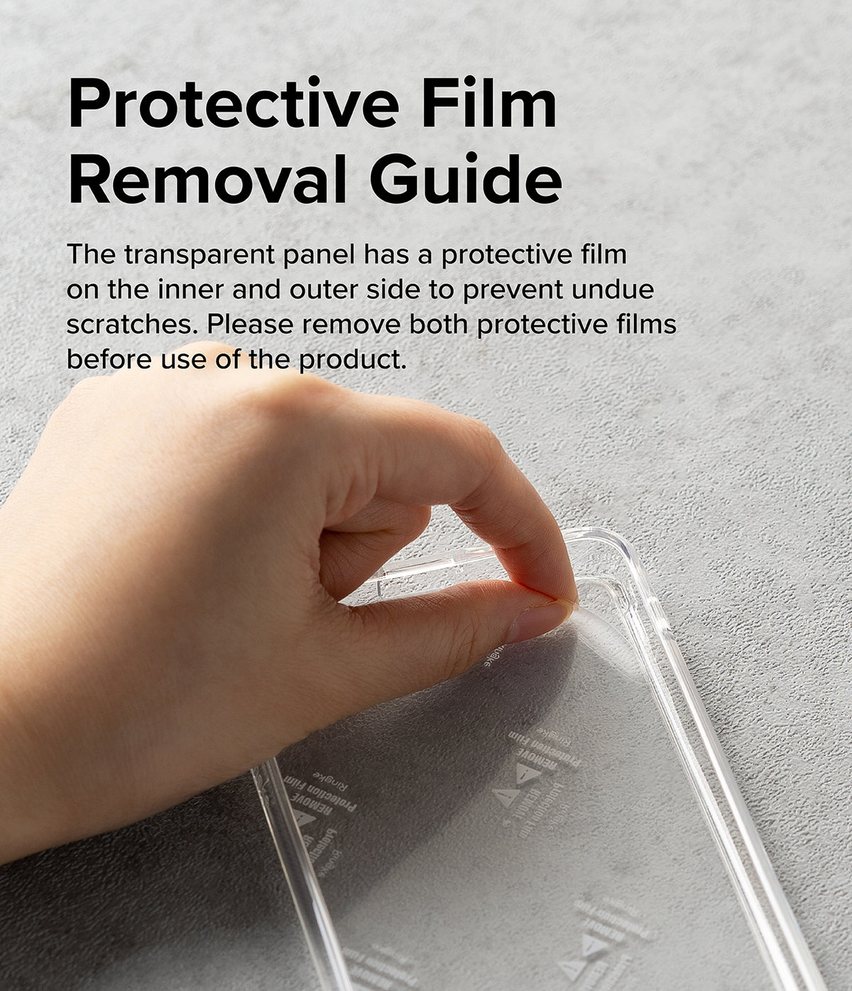 Galaxy A24 4G(LTE) Case | Fusion - Clear - Hand peeling protective film off a clear phone case with instructional text.