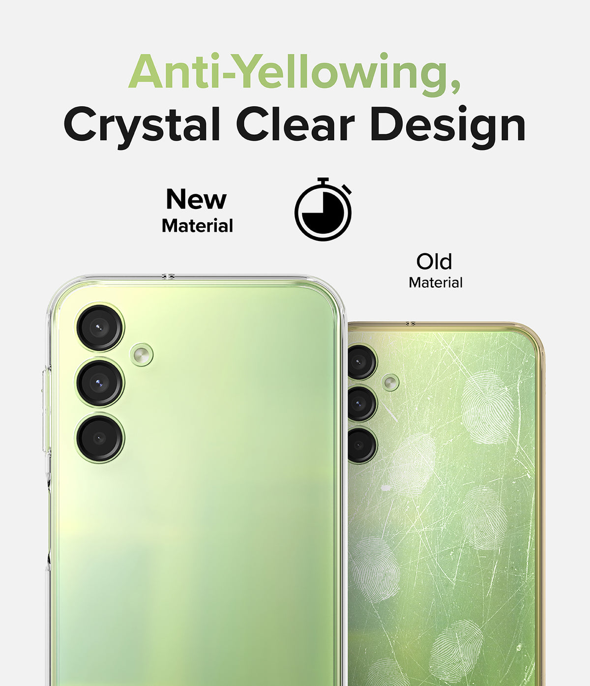 Galaxy A24 4G(LTE) Case | Fusion - Clear - Comparison of a clear, pristine phone case versus a yellowed, scratched one.